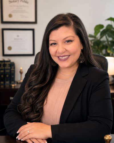 Jeannie Hernandez, commissioned Texas Notary Public for Legacy Notary Public, smiling in professional attire